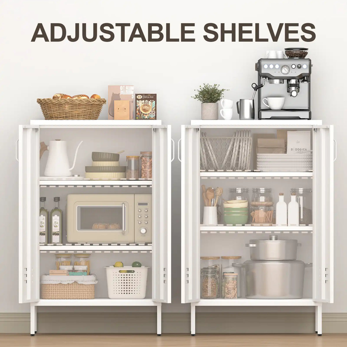 Adjustable metal storage cabinet offering flexible storage height options for items of various sizes.