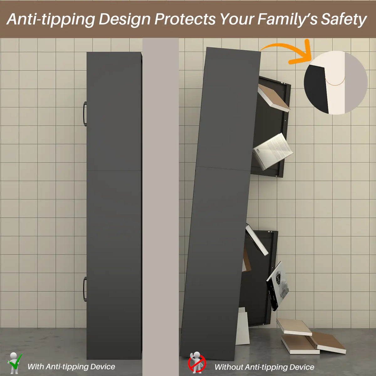 The cabinet includes anti-tip device prevents accidental tipping or falling. #black