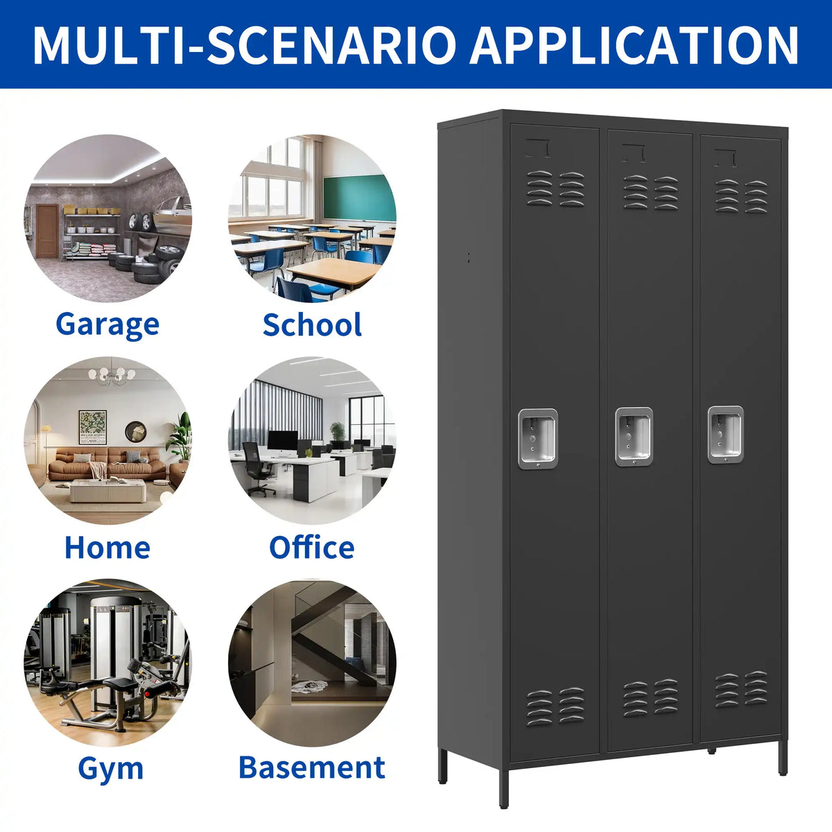 Black 3 door metal storage locker for multi purpose applications in garage, school, home, office, gym, and basement. #black 