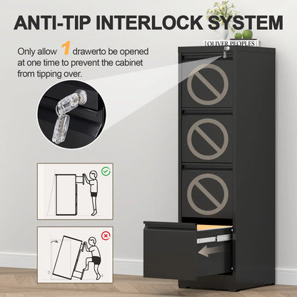Anti tip interlock system on black 4 drawer vertical file cabinet allowing only one drawer open at a time for safety.