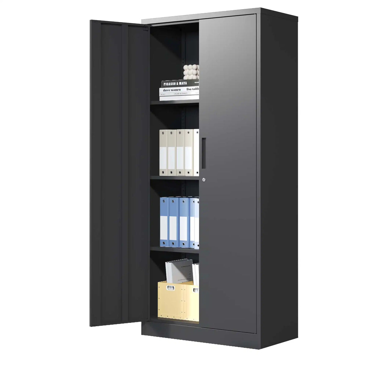 Front perspective of a 71-inch black metal storage cabinet with double doors and secure key lock. #black