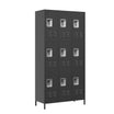 Sleek black nine-door metal locker cabinet featuring secure individual key locks and ventilation louvers for office storage. #black