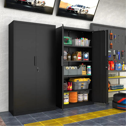 Two black steel storage lockers, one open showing organized workshop tools and supplies, in a garage set.