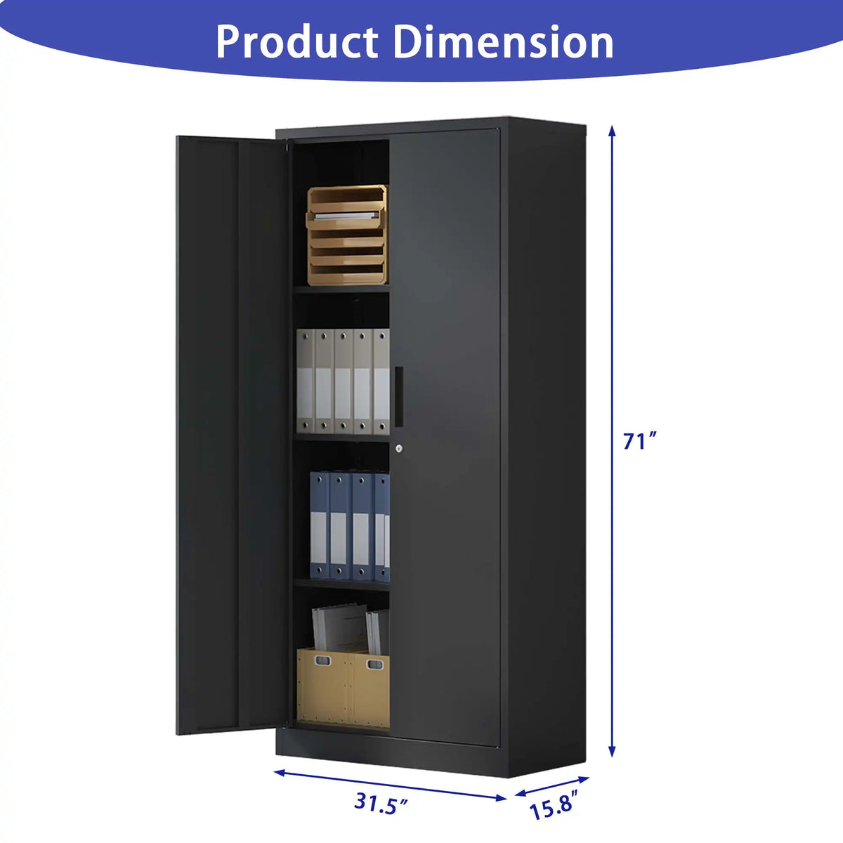 Dimension diagram of the 71-inch tall black metal storage cabinet showing width, depth, and height with open doors.