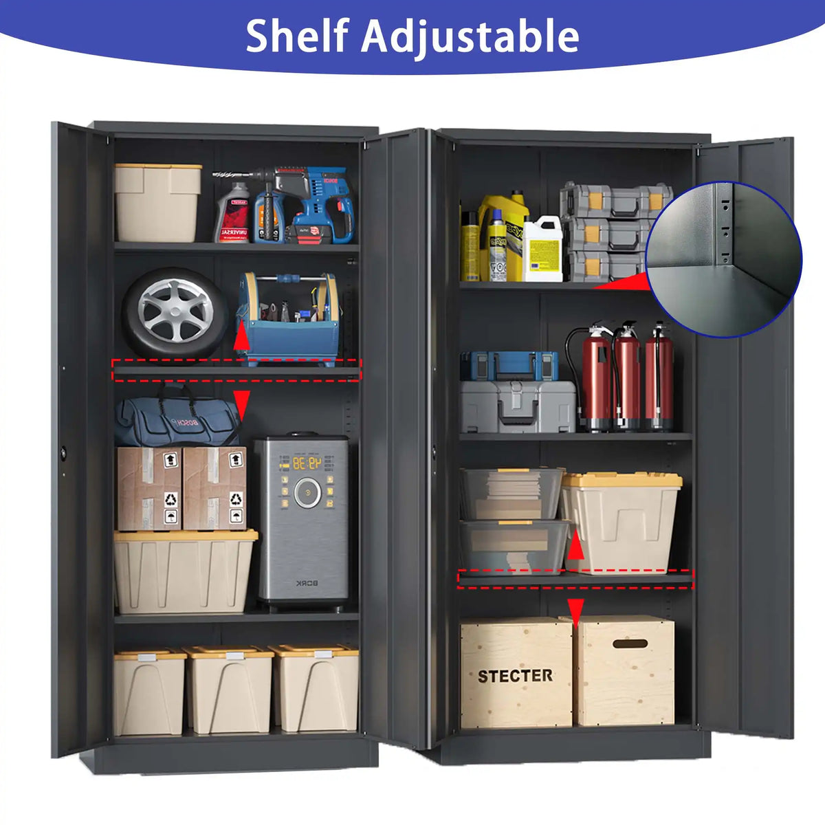 Close-up shot demonstrating the heavy-duty adjustable shelf system inside the black steel storage unit. #black