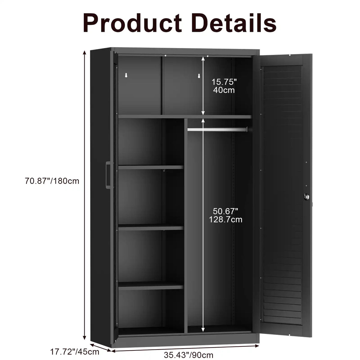 Dimension diagram of tall black metal storage cabinet showing height, width, depth, and interior shelf measurements.
