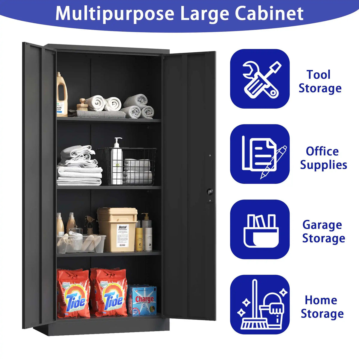 Highlighting 4 main storage applications for the black steel cabinet: tool storage, office supplies, garage organization, and home essentials. #black