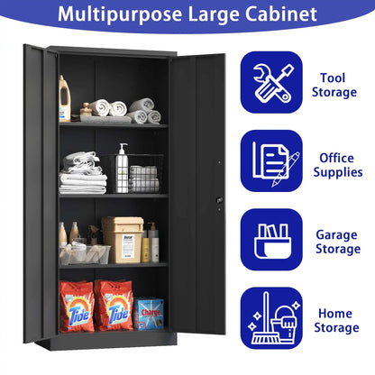 Highlighting 4 main storage applications for the black steel cabinet: tool storage, office supplies, garage organization, and home essentials.