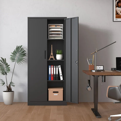 A sleek black 2-door steel cabinet with open door displaying organized binders and décor in a contemporary home office interior.