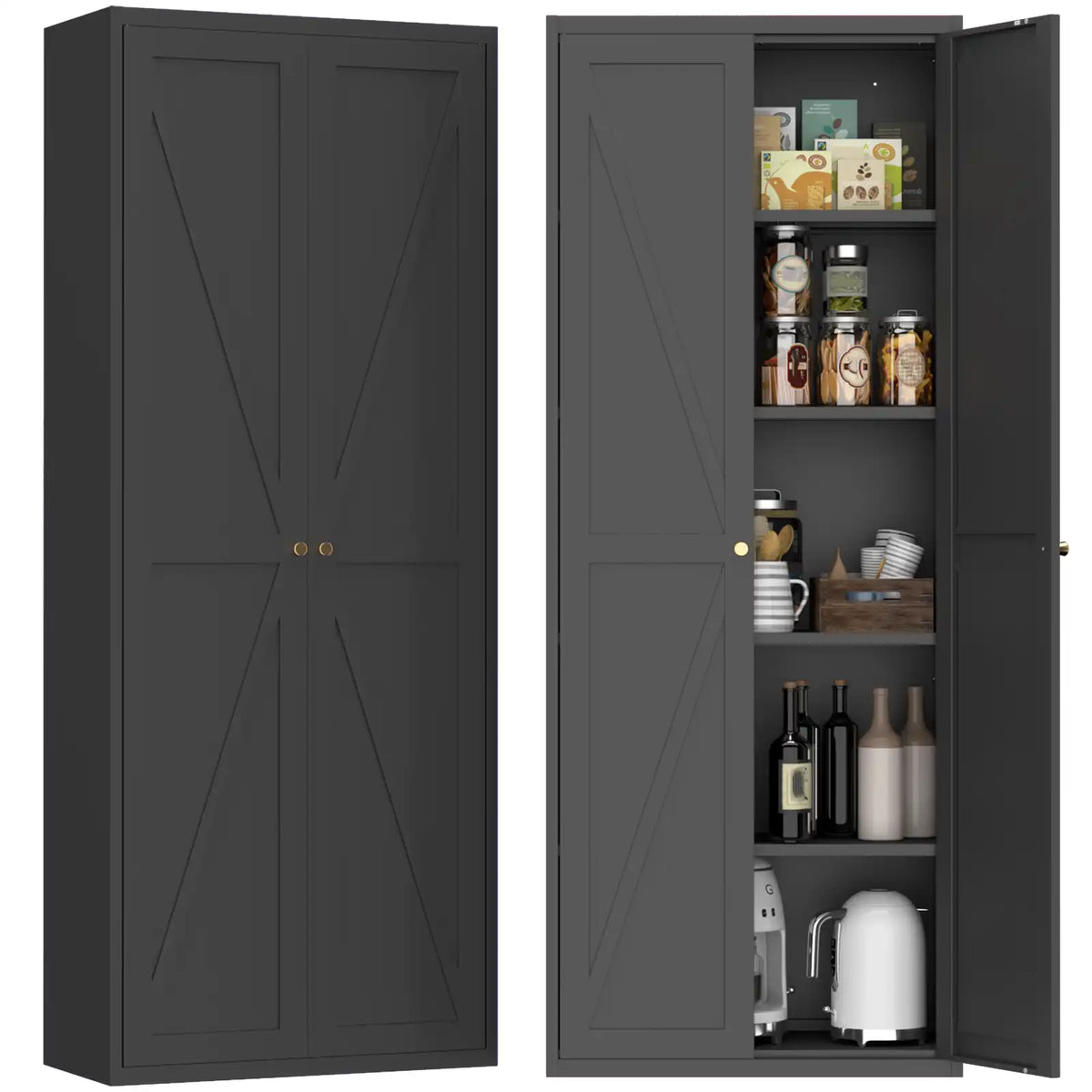 Metal pantry cabinet with two doors featuring X-shaped details. #black #tall