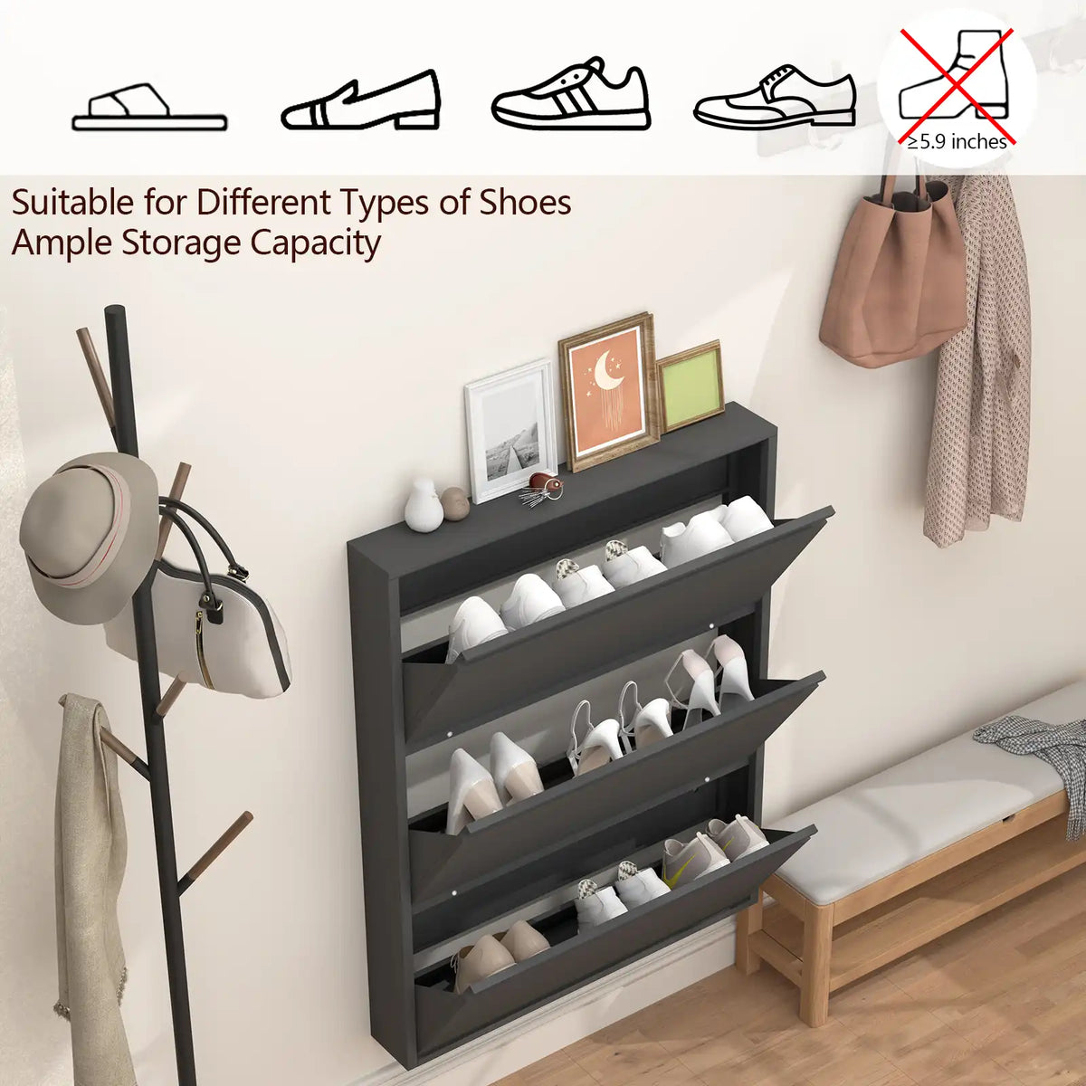 Black shoe entryway console showing storage for sneakers, boots, and casual flats. #black #3 flip drawers
