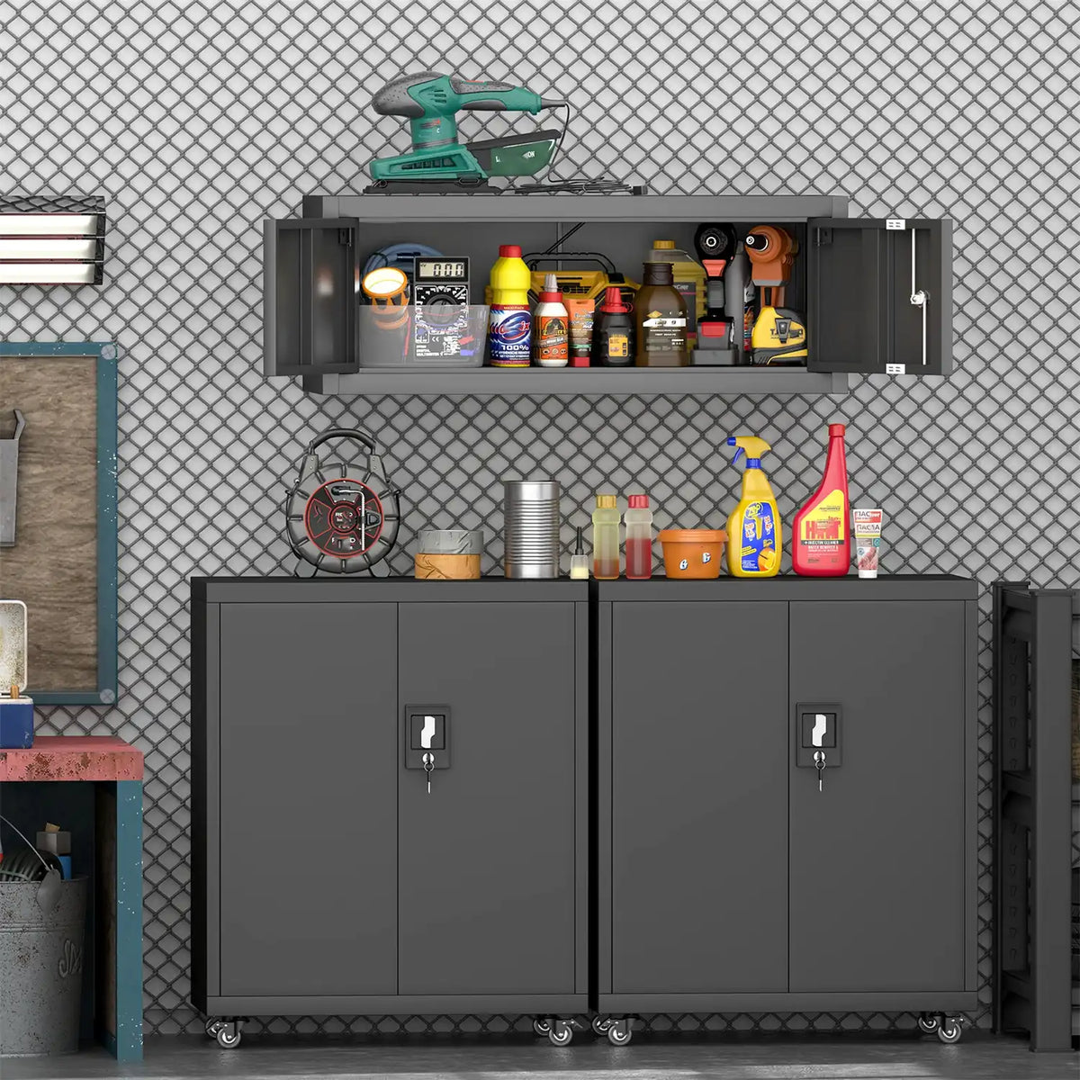 black garage overhead cabinet installed above a workbench holding tools and organizing heavy hardware