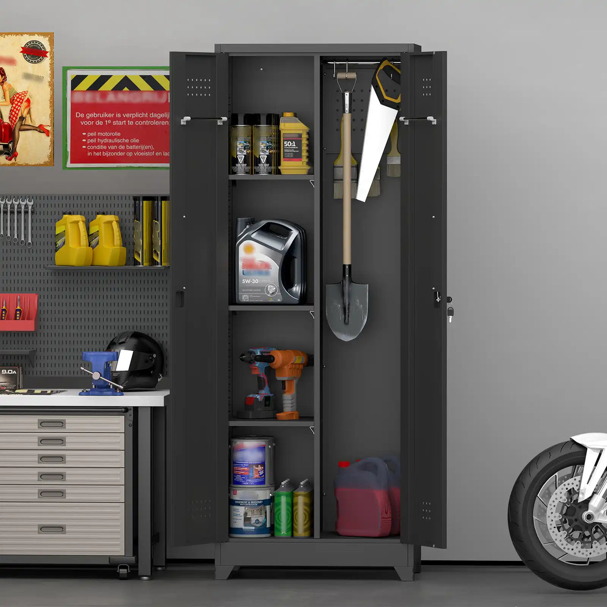 Metal garage cabinet in a workshop organized with motor oil power tools and a spade shovel.