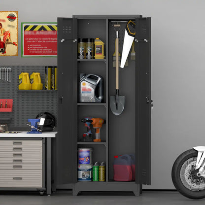 Metal garage cabinet in a workshop organized with motor oil power tools and a spade shovel.
