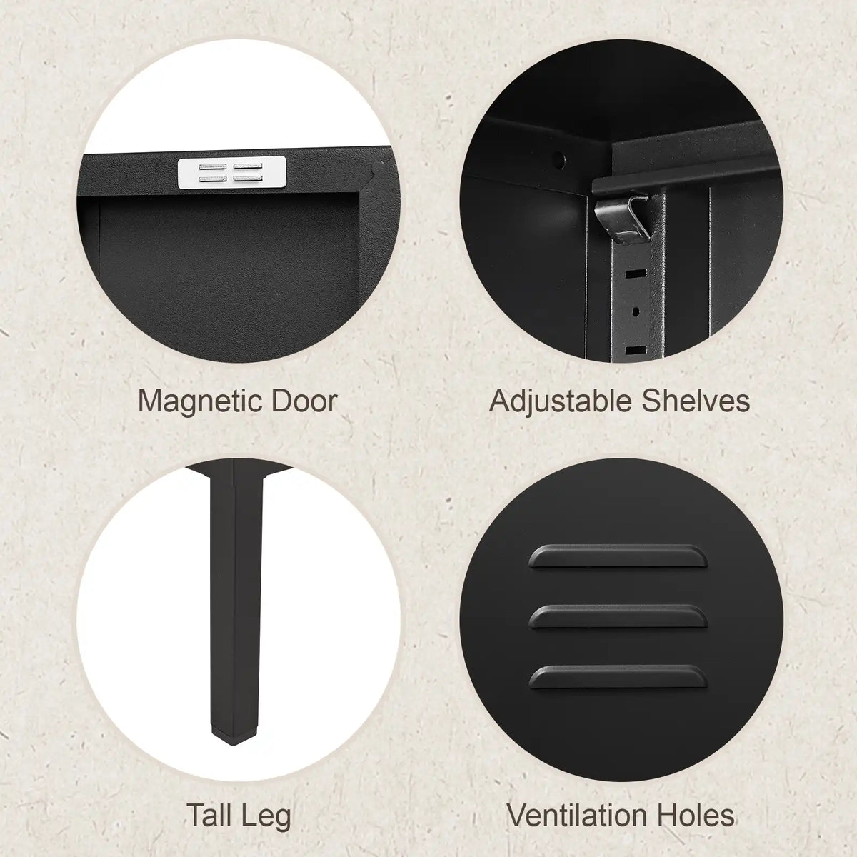 Close-up details of a black entryway organizer featuring magnetic door catch, adjustable shelf height, tall legs, and ventilation holes.