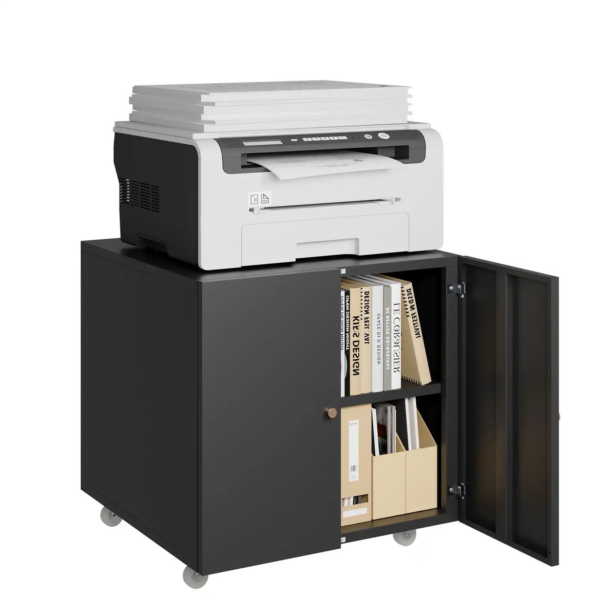 Rolling printer cabinet with open door revealing books and supply boxes beneath a desktop printer. #black #standard