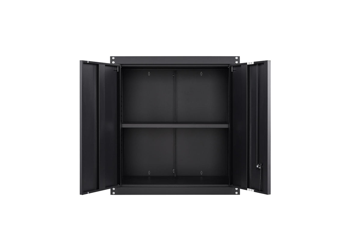 An open black metal storage cabinet showing a center horizontal partition dividing the interior into two storage tiers.