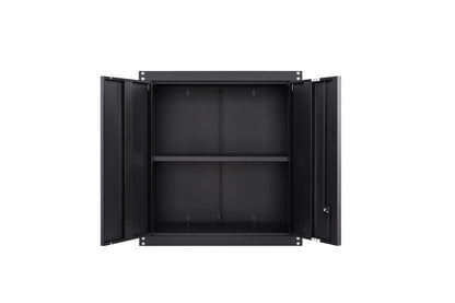 An open black metal storage cabinet showing a center horizontal partition dividing the interior into two storage tiers.