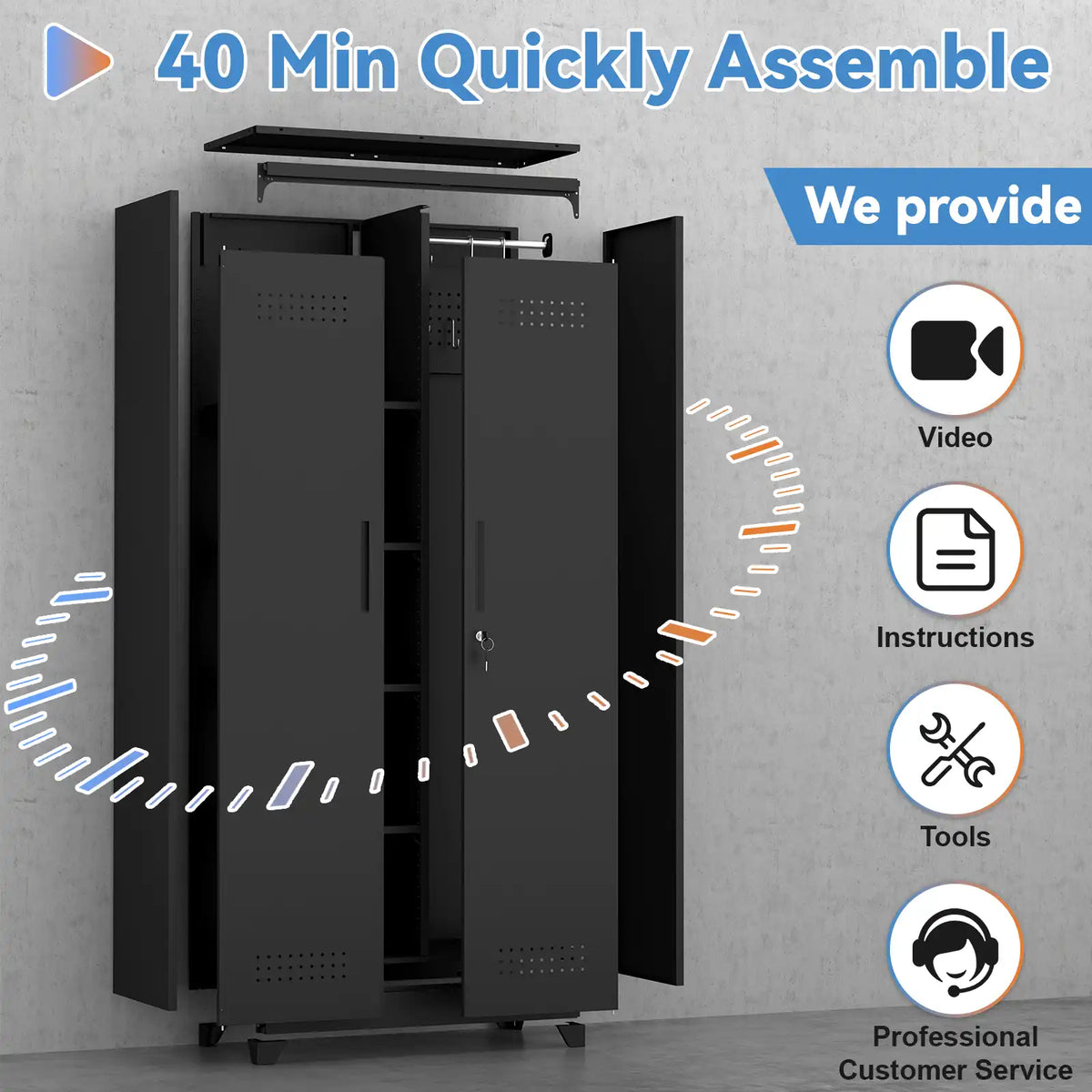 Metal storage cabinet diagram highlighting a 40-minute quick assembly process with video guides and instructions.