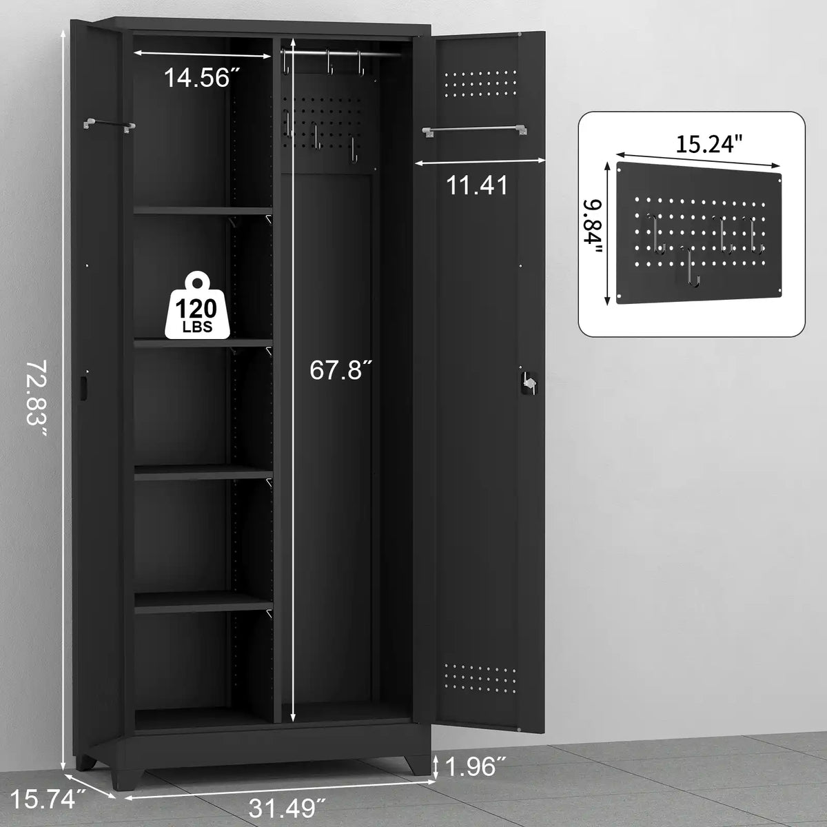 Metal broom closet dimension diagram showing overall measurements of 72.83" height 31.49" width and 15.74" depth. #black #standard