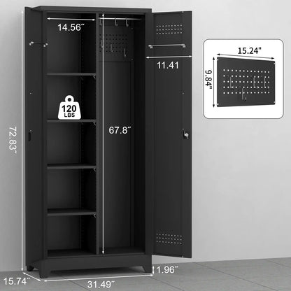 Metal broom closet dimension diagram showing overall measurements of 72.83" height 31.49" width and 15.74" depth.