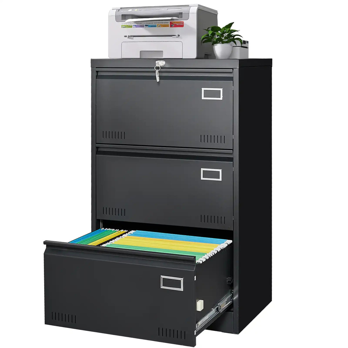 Black three drawer filing cabinet with a top printer, locked upper drawer, and open lower drawer holding colorful file folders. #black #3 drawers