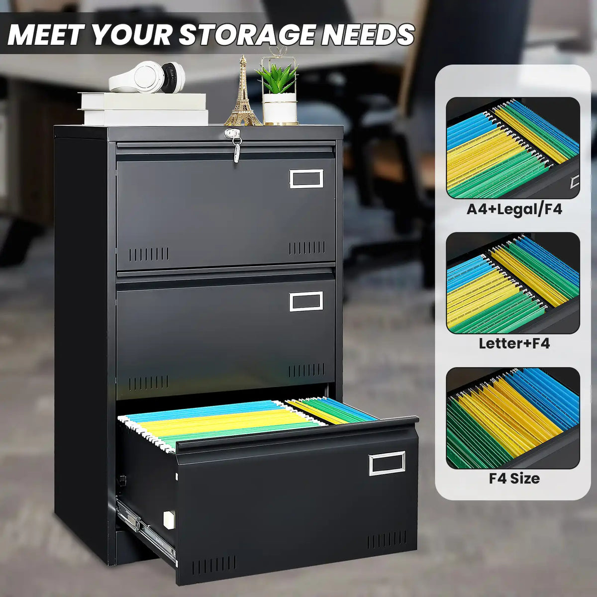 Black locking document storage drawer showcasing capacity for A4, Legal, Letter, and F4 size hanging folders. drawers