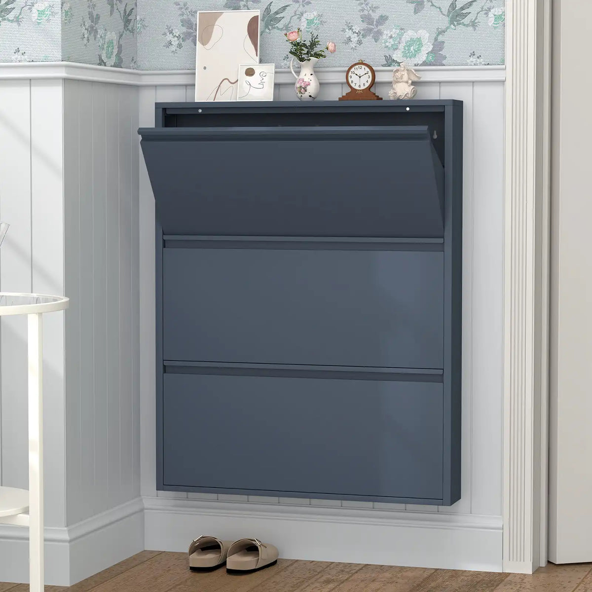 Stylish Blue 3 Tier Shoe Storage Cabinet with tasteful decor on top, placed gracefully by the front entrance. #blue #3 flip drawers
