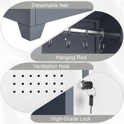 broom cabinet features breakdown including detachable feet hanging rod airflow holes and key lock