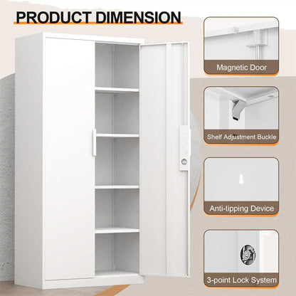 close-up details of steel garage cabinet featuring magnetic door shelf adjustment buckle anti-tipping device 3-point lock system