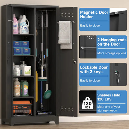 close-up of the tall black janitorial cabinet featuring magnetic door holder and 2 hanging rods on the door