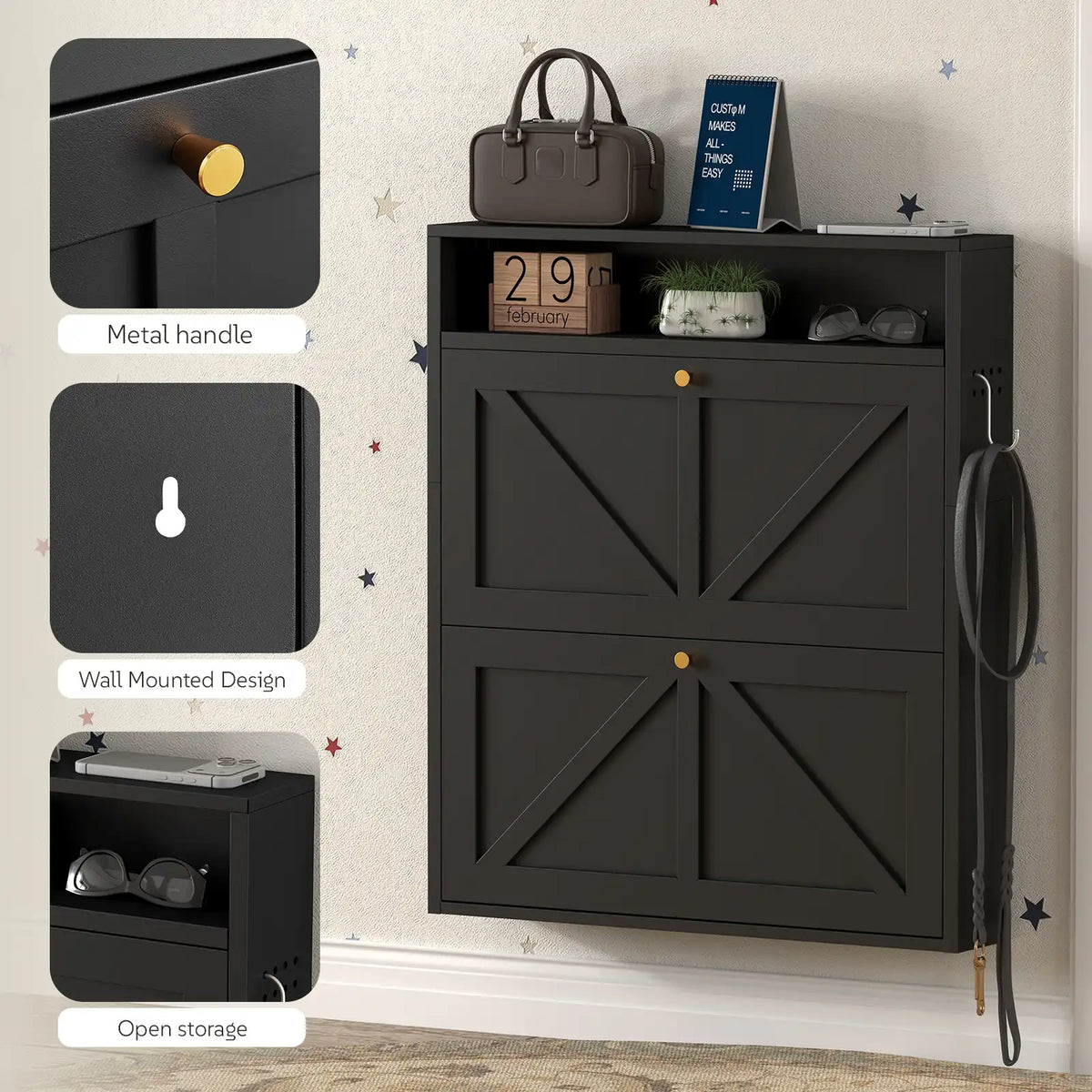 close-up showing details of the black entryway shoe storage organizer
