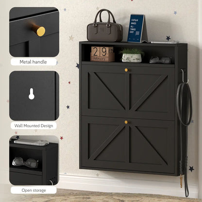 close-up showing details of the black entryway shoe storage organizer