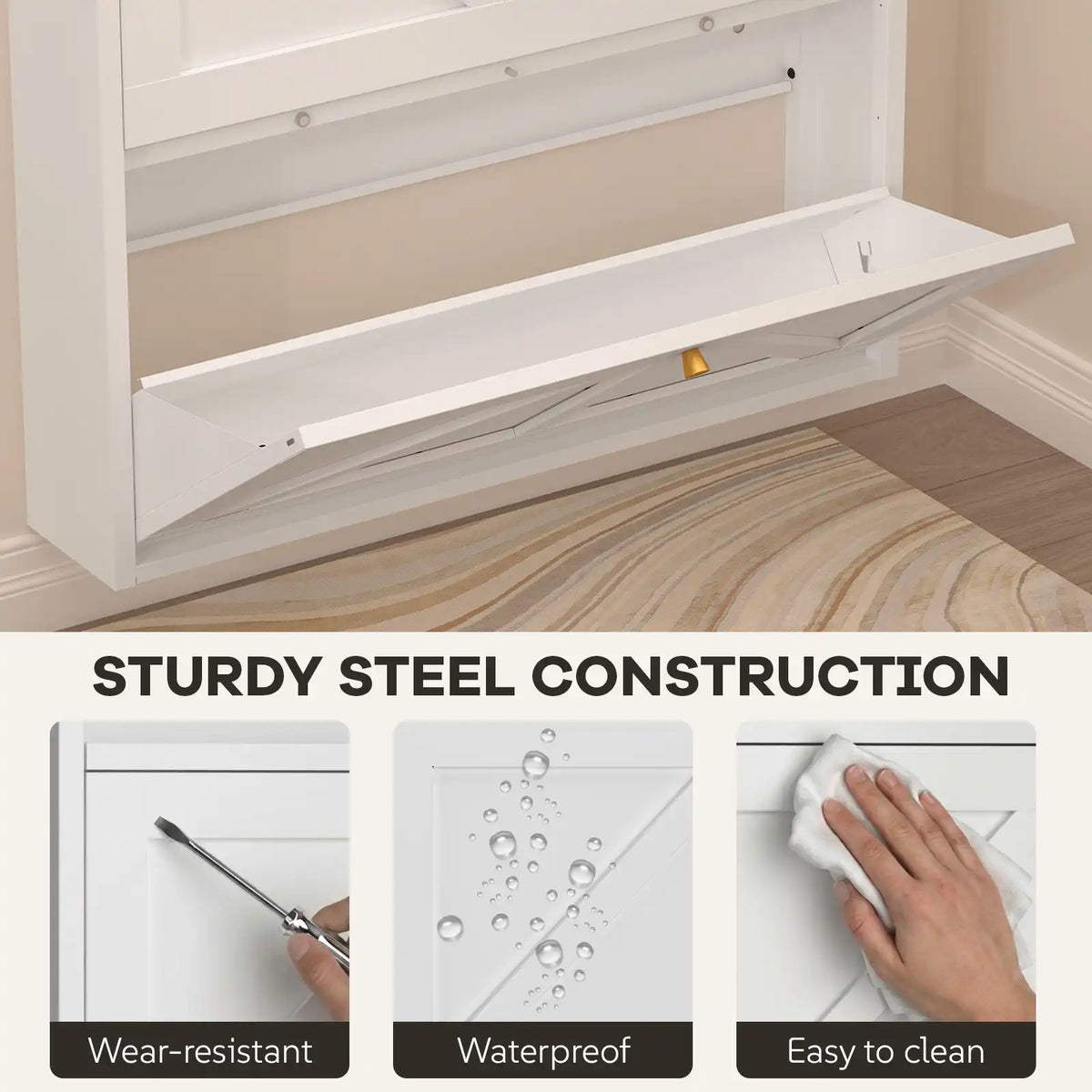 close-up view of the interior compartment dividers fitted inside the white tilt-down shoe organizer #white #standard