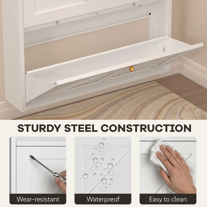 close-up view of the interior compartment dividers fitted inside the white tilt-down shoe organizer