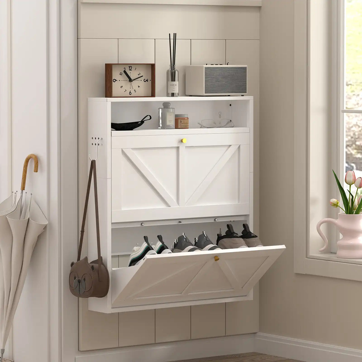 compact 2-tier shoe organizer positioned seamlessly next to a hallway wall in a modern apartment #white #compact
