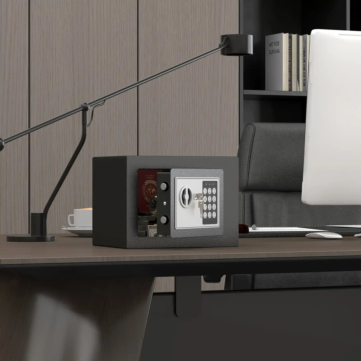 compact steel safe box with digital keypad sitting on a modern office desk #black