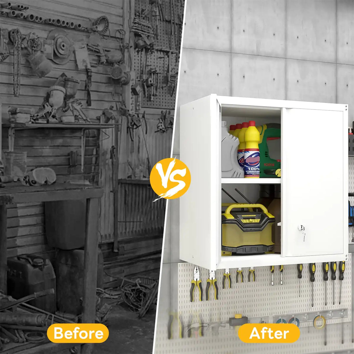 Before and after comparison showing clutter transformed into an organized garage space with a storage cabinet.