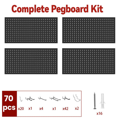 Complete wall storage set showing four black metal panels with seventy hanging accessories and hardware.