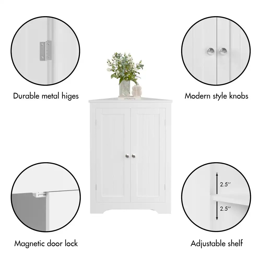 White Corner Storage Cabinet with Double Doors – Compact Floor Cabinet for Bathroom, Living Room or Entryway