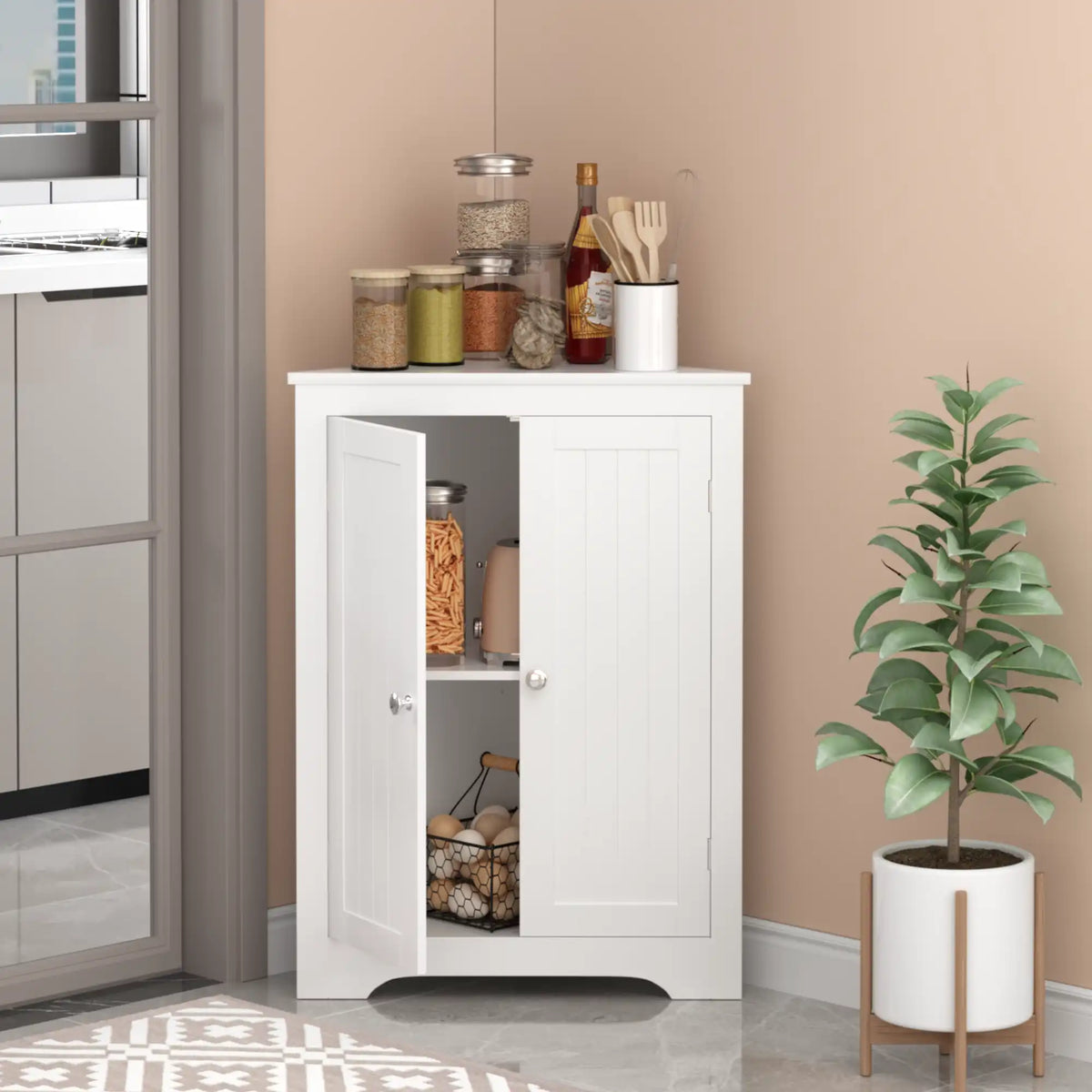 corner storage cabinet with double doors partially open storing kitchen canisters and tableware in a dining area corner 