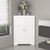 corner storage cabinet with double doors seamlessly fitted in a bathroom topped with decorative accessories