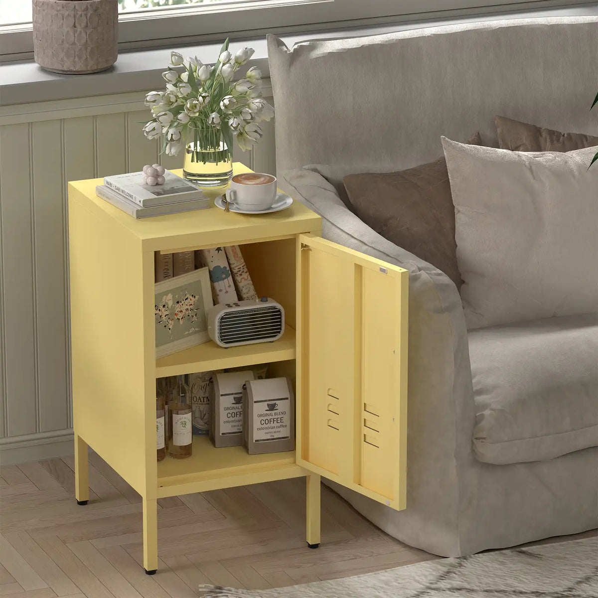 cute nightstands with adjustable shelves beside sofa #yellow