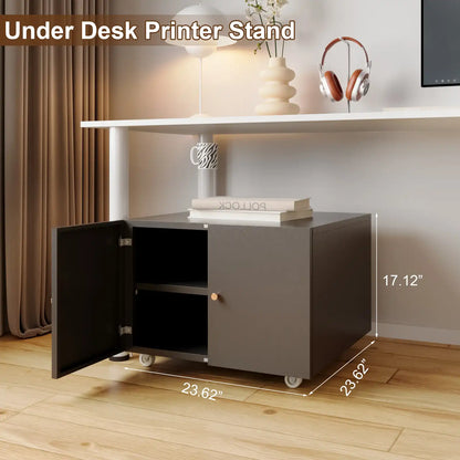 Dimension diagram of a dark grey mobile printer stand showcasing 17.12 inch height and 23.62 inch width for compact under-desk office storage.