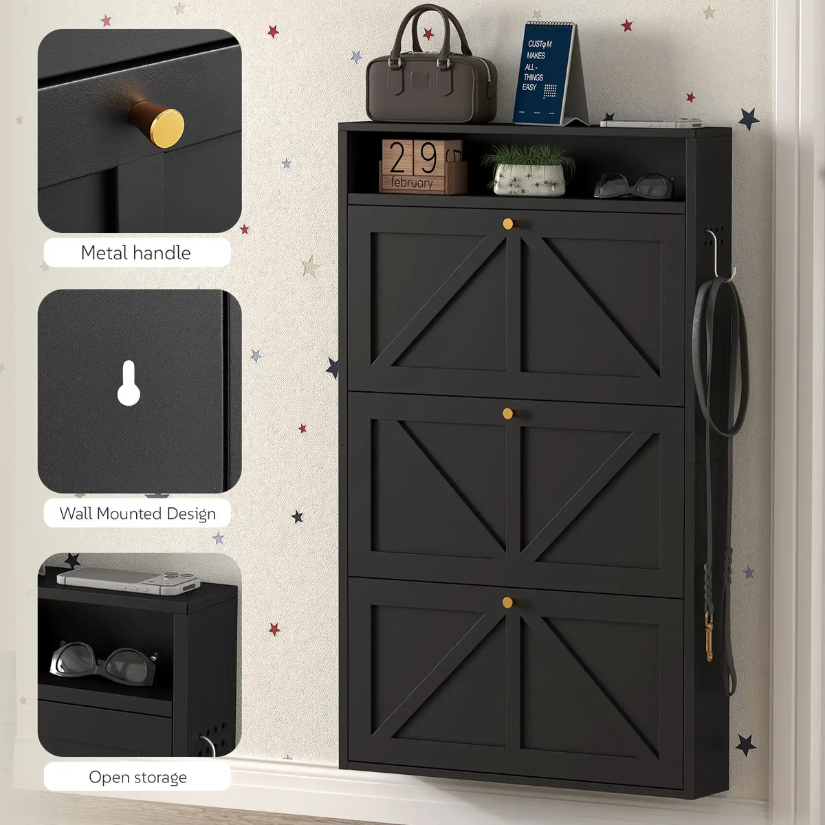 detail view of the black 3-tier shoe cabinet highlighting metal handles anti-tipping wall-mounting design