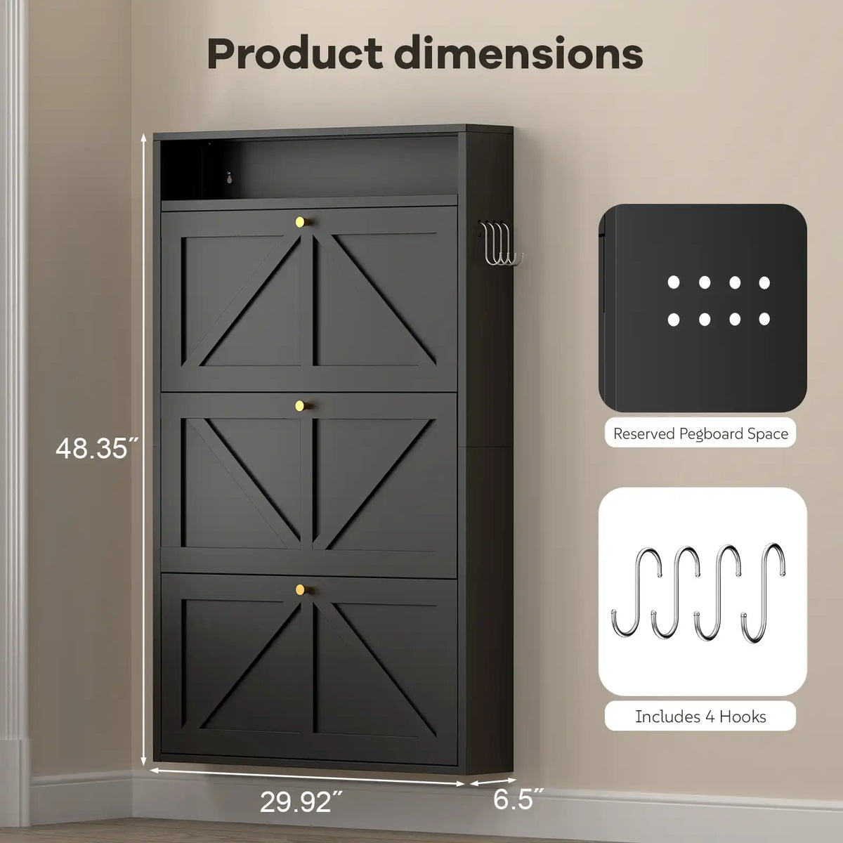 detailed dimensions chart for the black 3-tier narrow shoe storage cabinet with 4 side hooks #black #standard