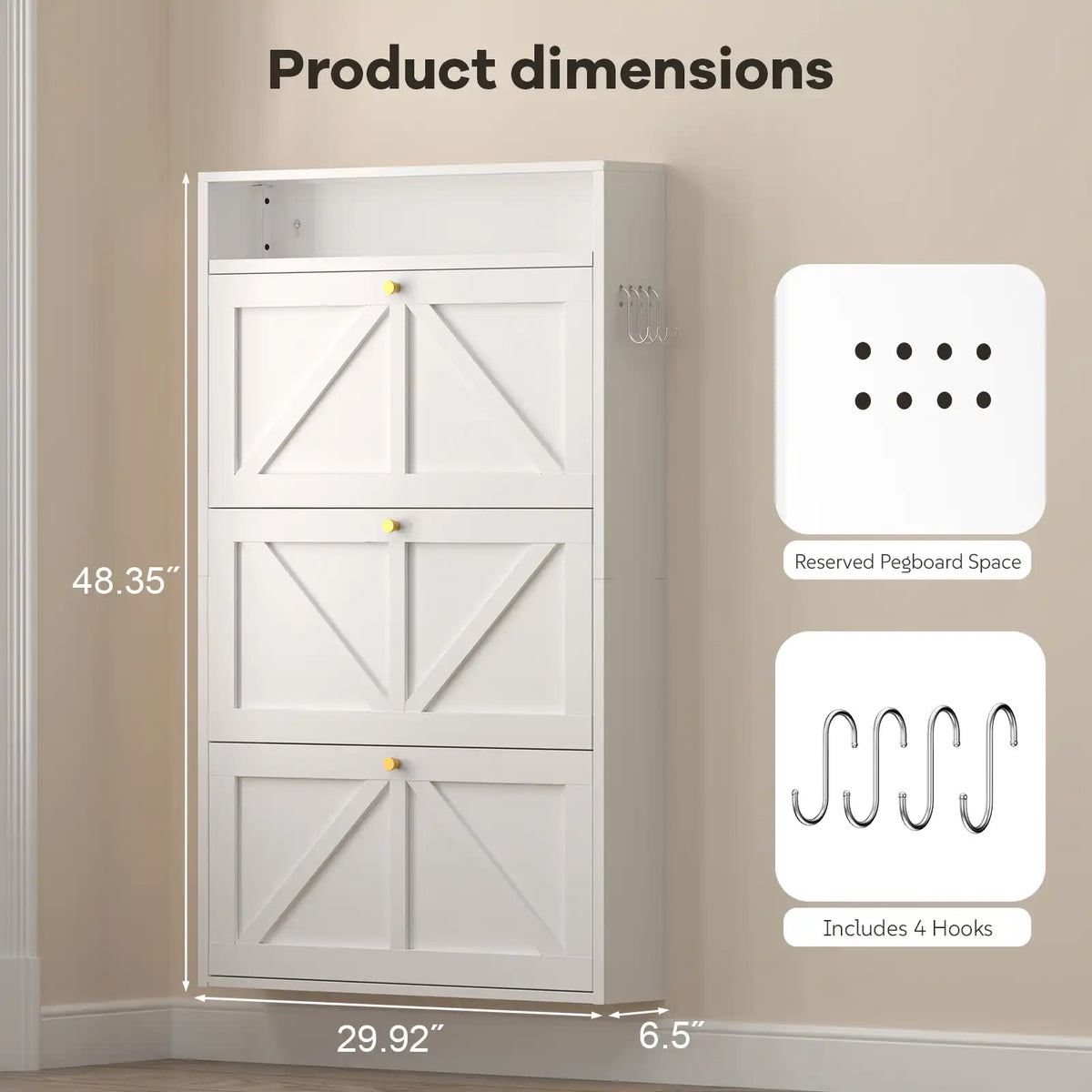 detailed dimensions graphic illustrating the standard-width space-saving shoe rack for hallways #white #standard