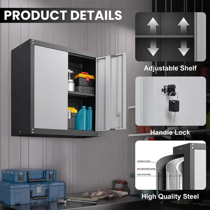 detailed features breakdown of the garage wall cabinet showing adjustable shelf handle lock and high quality steel