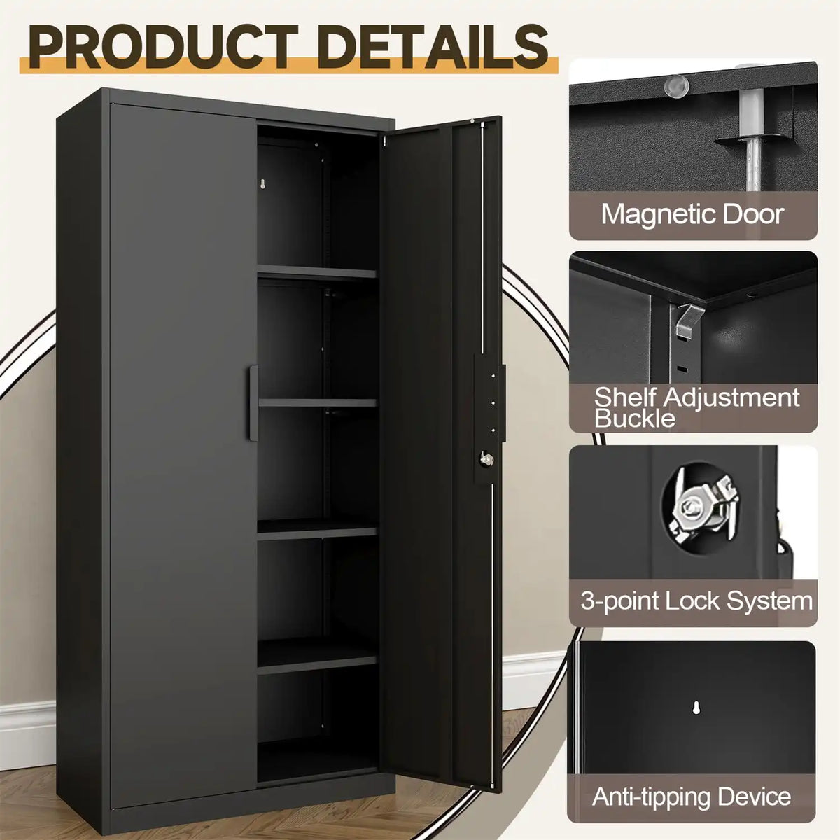details of heavy-duty steel workshop cupboard showing magnetic door shelf adjustment buckle 3-point lock and anti-tipping kit