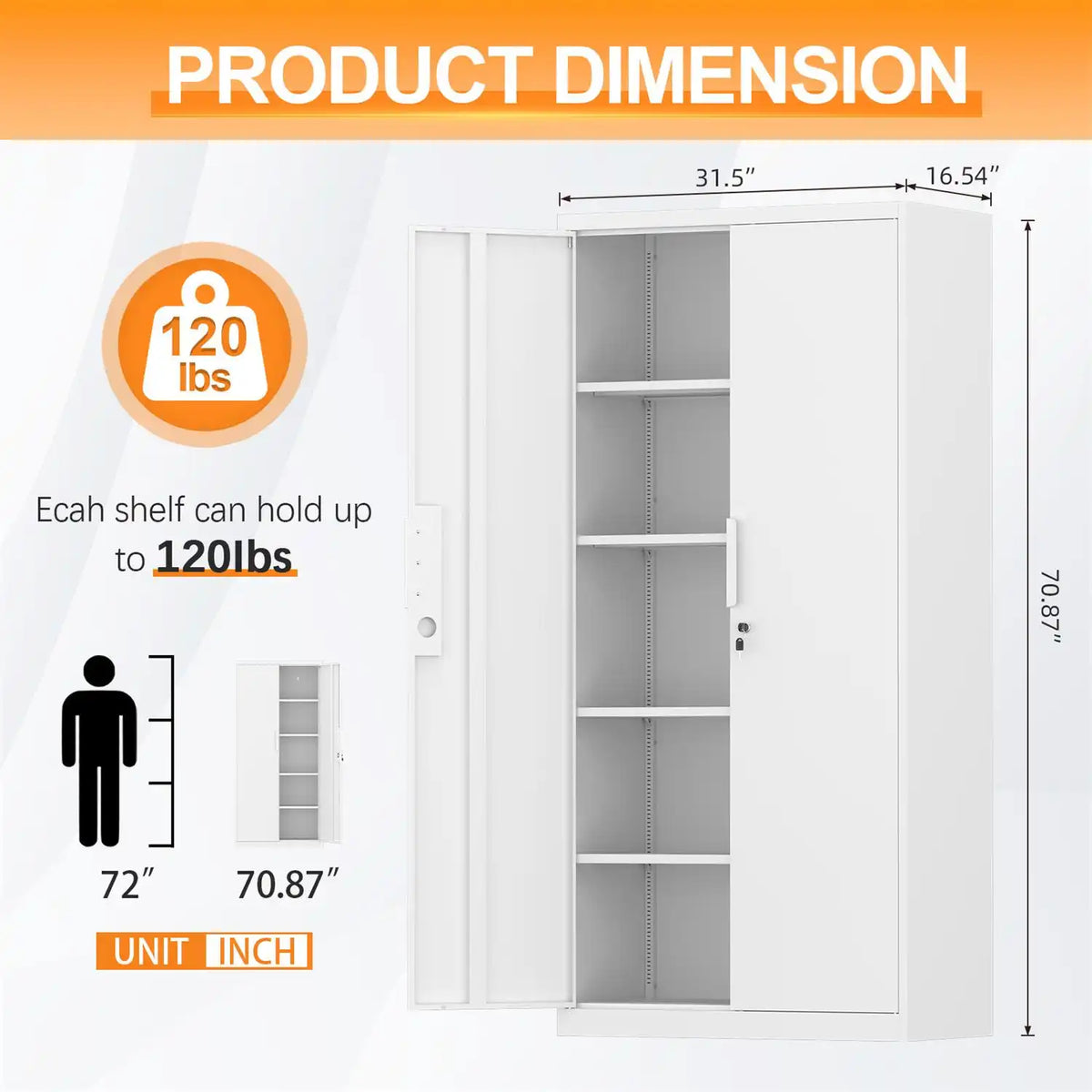 dimensional diagram of 70.9"H x 31.5"W x 16.5"D metal tool storage cabinet showing 120 lbs per shelf capacity